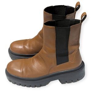 Zara Chunky Lug Sole‎ Ankle Boots Women's 40 / 9 Brown Leather Black Chelsea